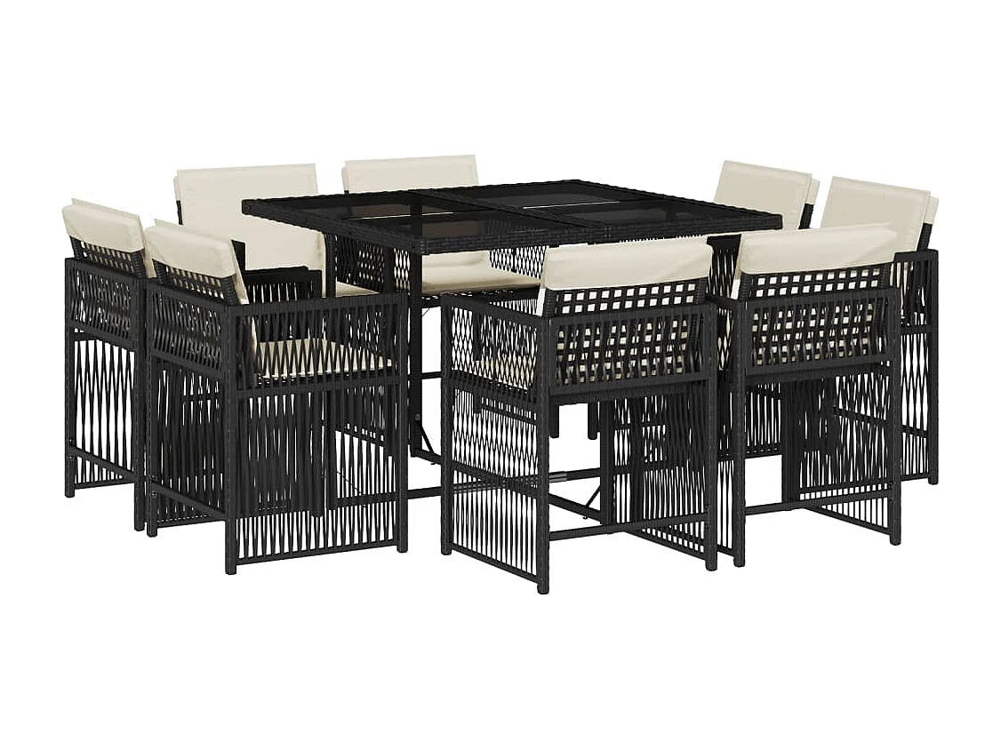 9 pcs conjunto de jantar p/ jardim c/ almofadões vime PE preto