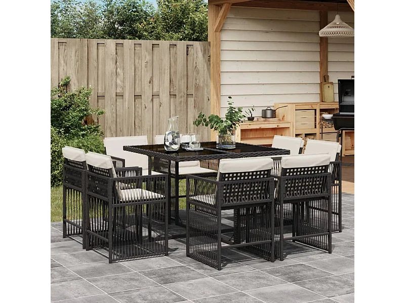 Ensemble à manger de jardin 9pcs coussins noir résine tressée