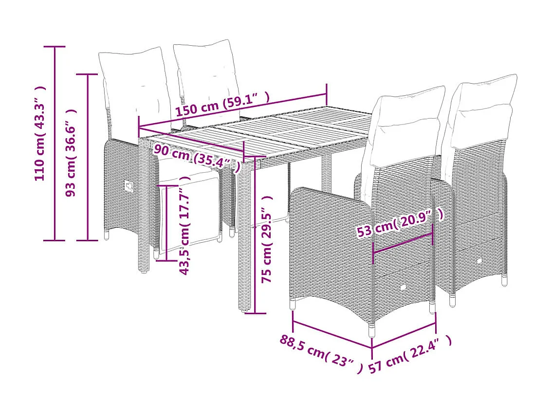 Ensemble de bistro de jardin 5 pcs coussins noir poly rotin
