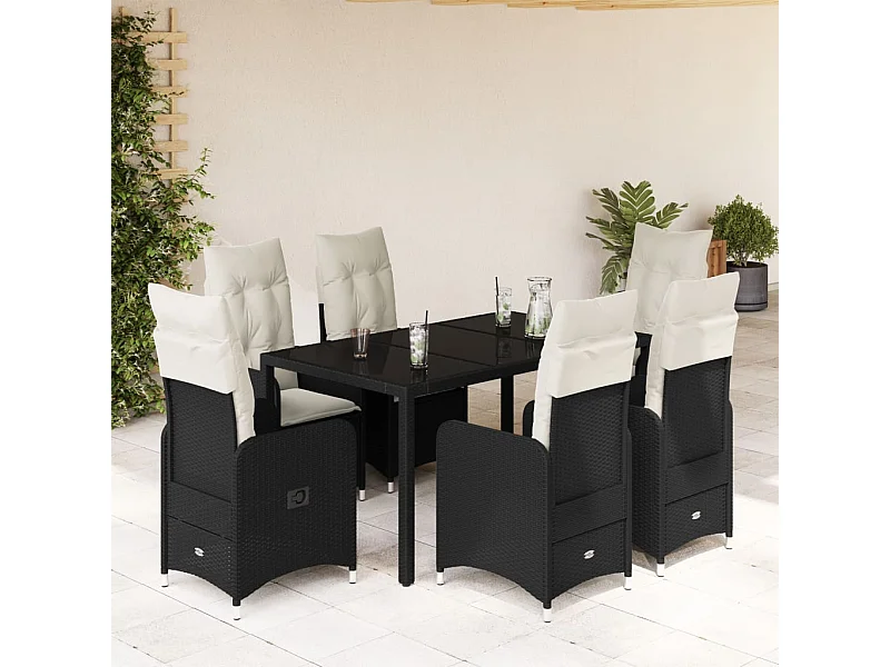 Ensemble de bistro de jardin 7 pcs coussins noir poly rotin
