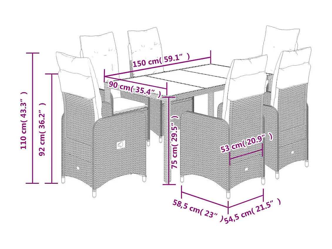 Set da Bistrò da Giardino 7 pz con Cuscini Nero in Polyrattan