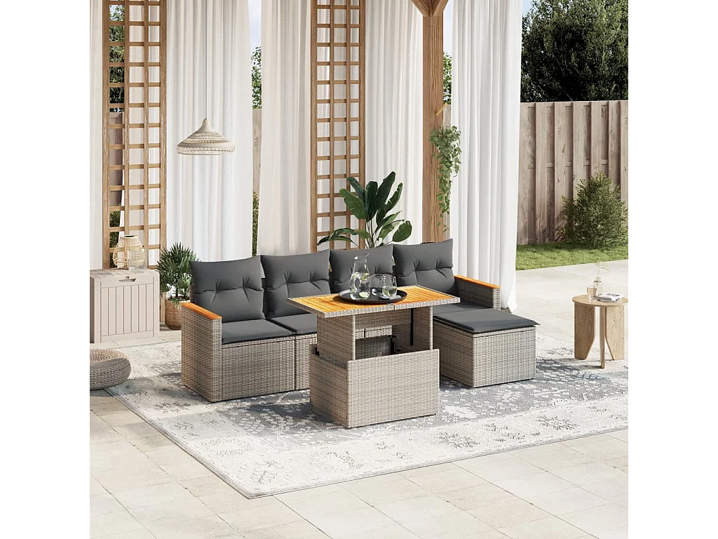 Salon de jardin 6 pcs avec coussins gris résine tressée