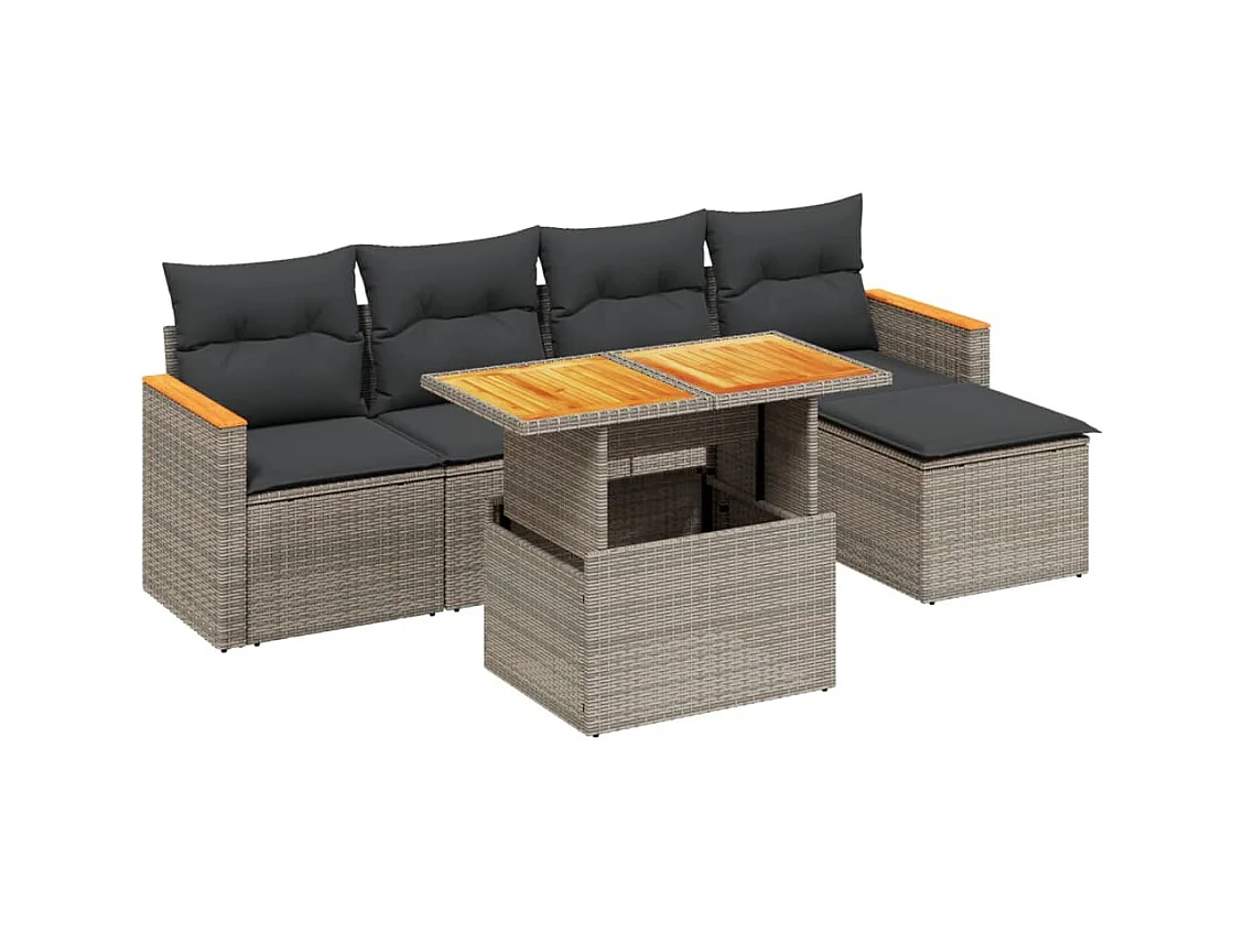 Salon de jardin 6 pcs avec coussins gris résine tressée