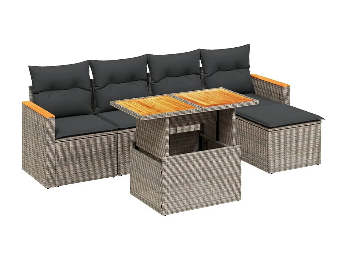 Salon de jardin 6 pcs avec coussins gris résine tressée