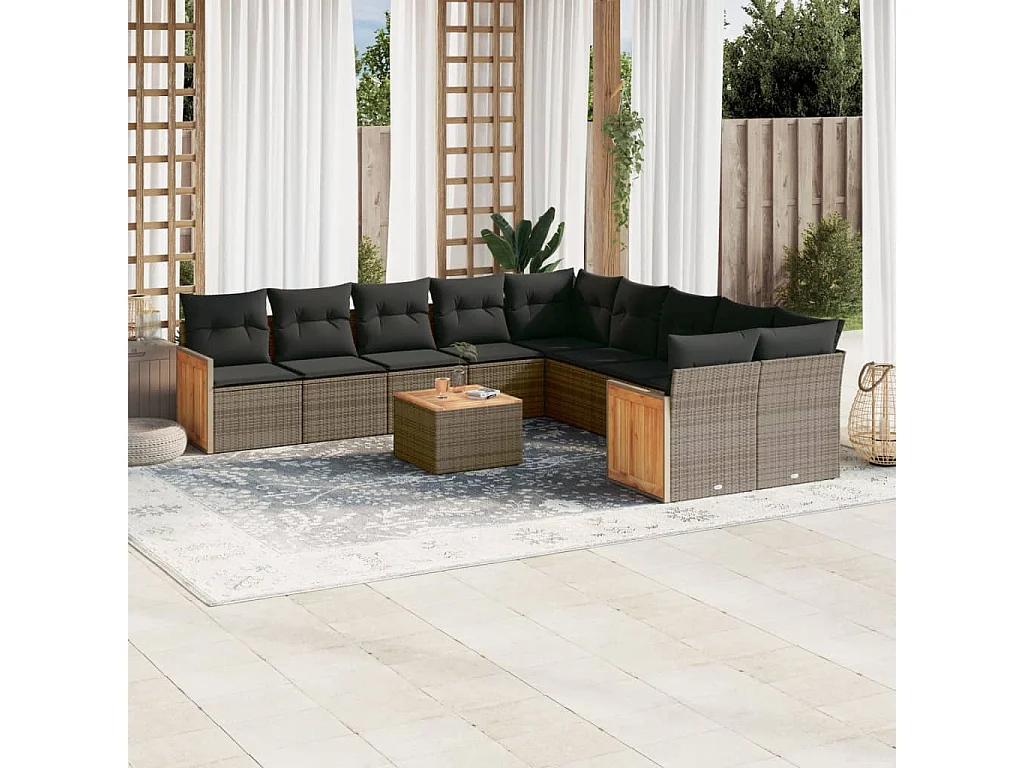 Set de sofás de jardín 11 pzas y cojines ratán sintético gris