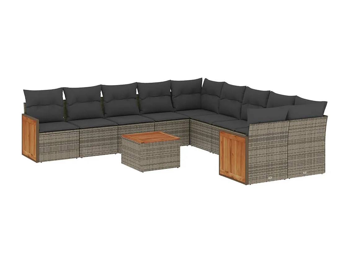 Set de sofás de jardín 11 pzas y cojines ratán sintético gris