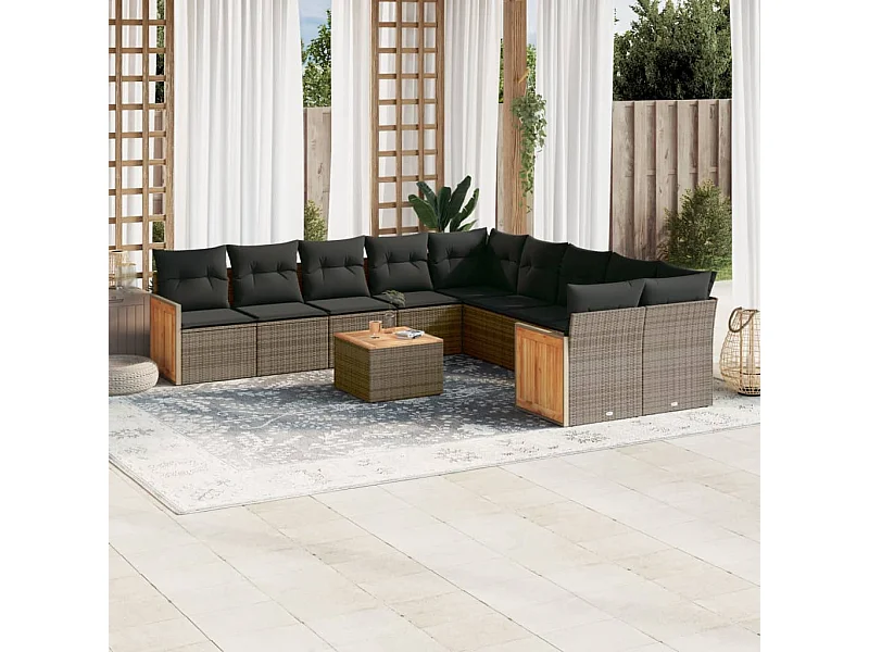 Set de sofás de jardín 11 pzas y cojines ratán sintético gris