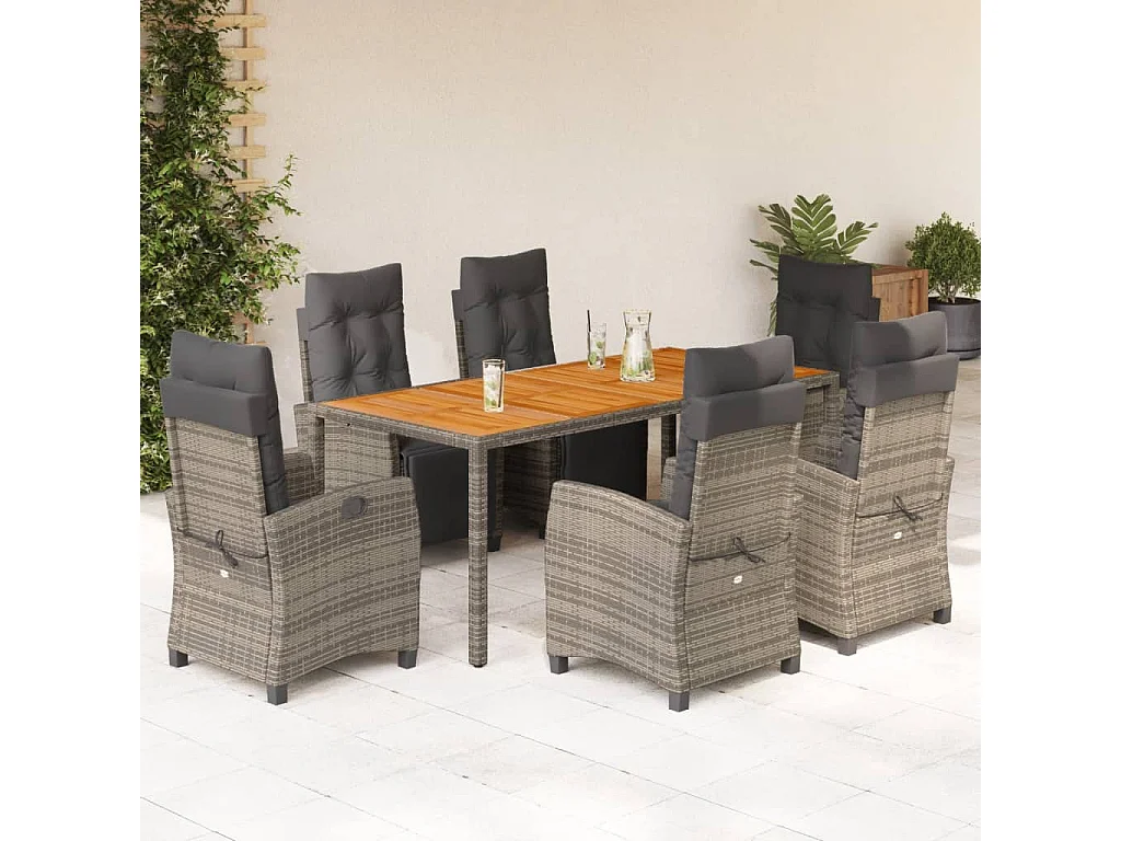 Set da Pranzo da Giardino 7 pz con Cuscini in Polyrattan Grigio