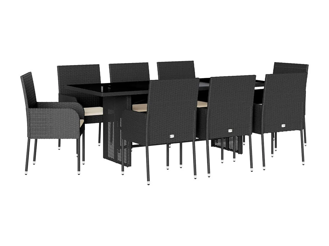 Set da Pranzo da Giardino 9 pz con Cuscini Nero in Polyrattan