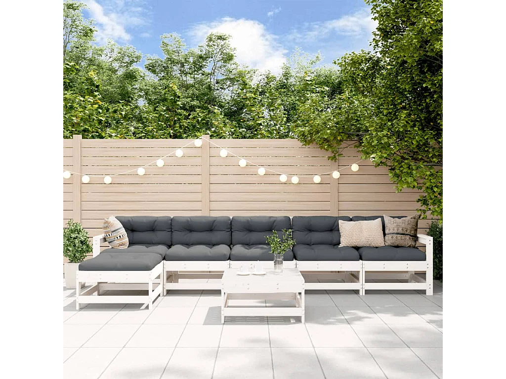 Set Salotto da Giardino 7 pz Bianco in Legno Massello di Pino