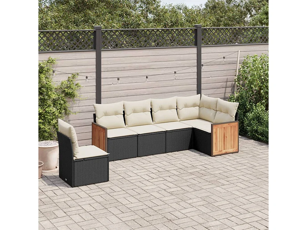 Set Divano da Giardino 6 pz con Cuscini Nero in Polyrattan
