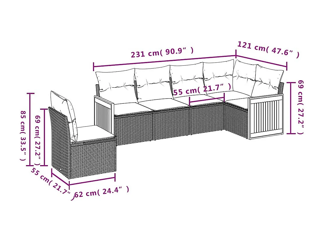 Set Divano da Giardino 6 pz con Cuscini Nero in Polyrattan