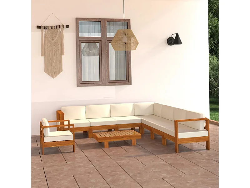 Salon de jardin 9 pcs avec coussins blanc crème Bois d'acacia