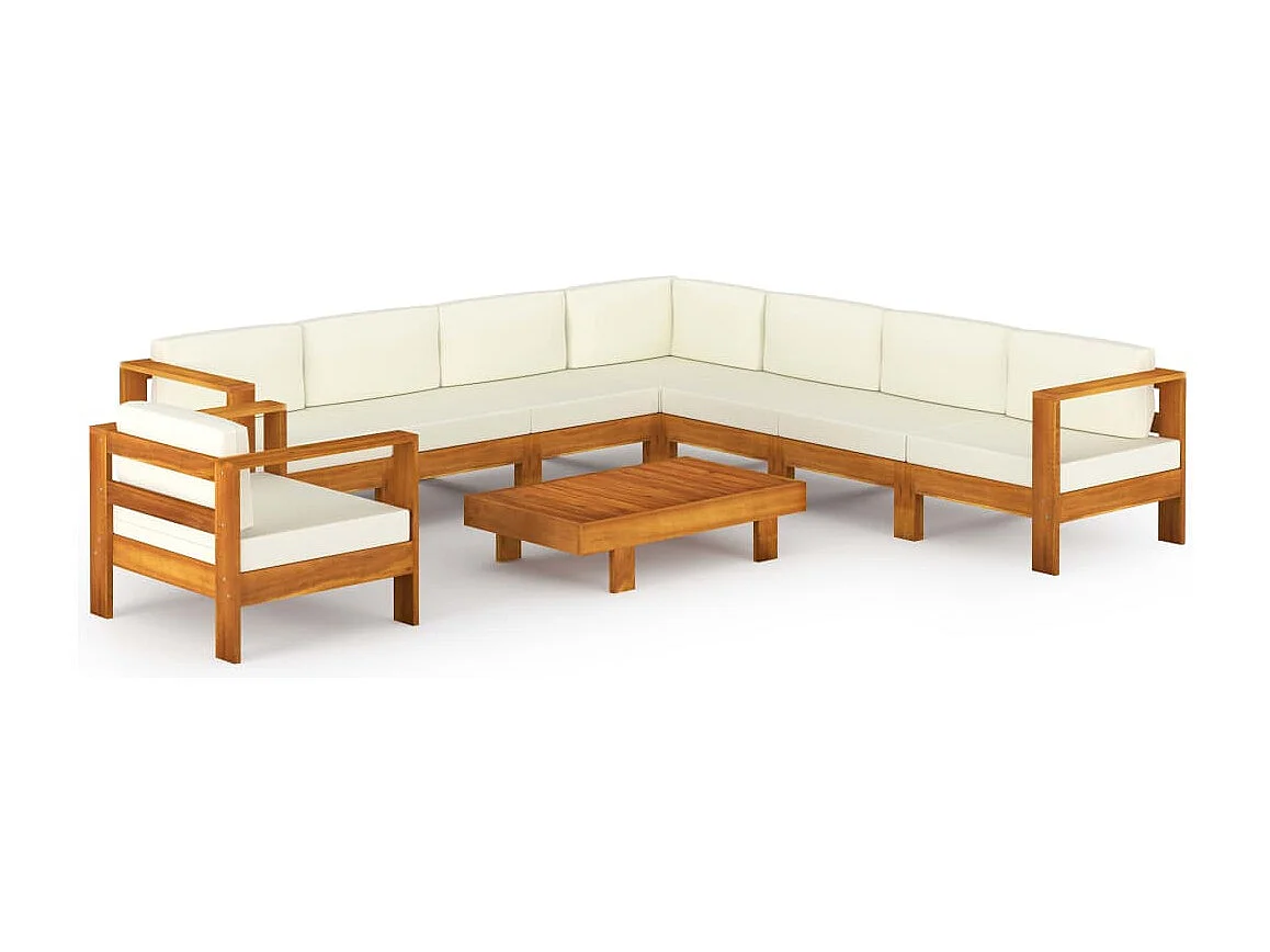 Set Divani Giardino 9 pz Cuscini Bianco Crema in Legno d'Acacia