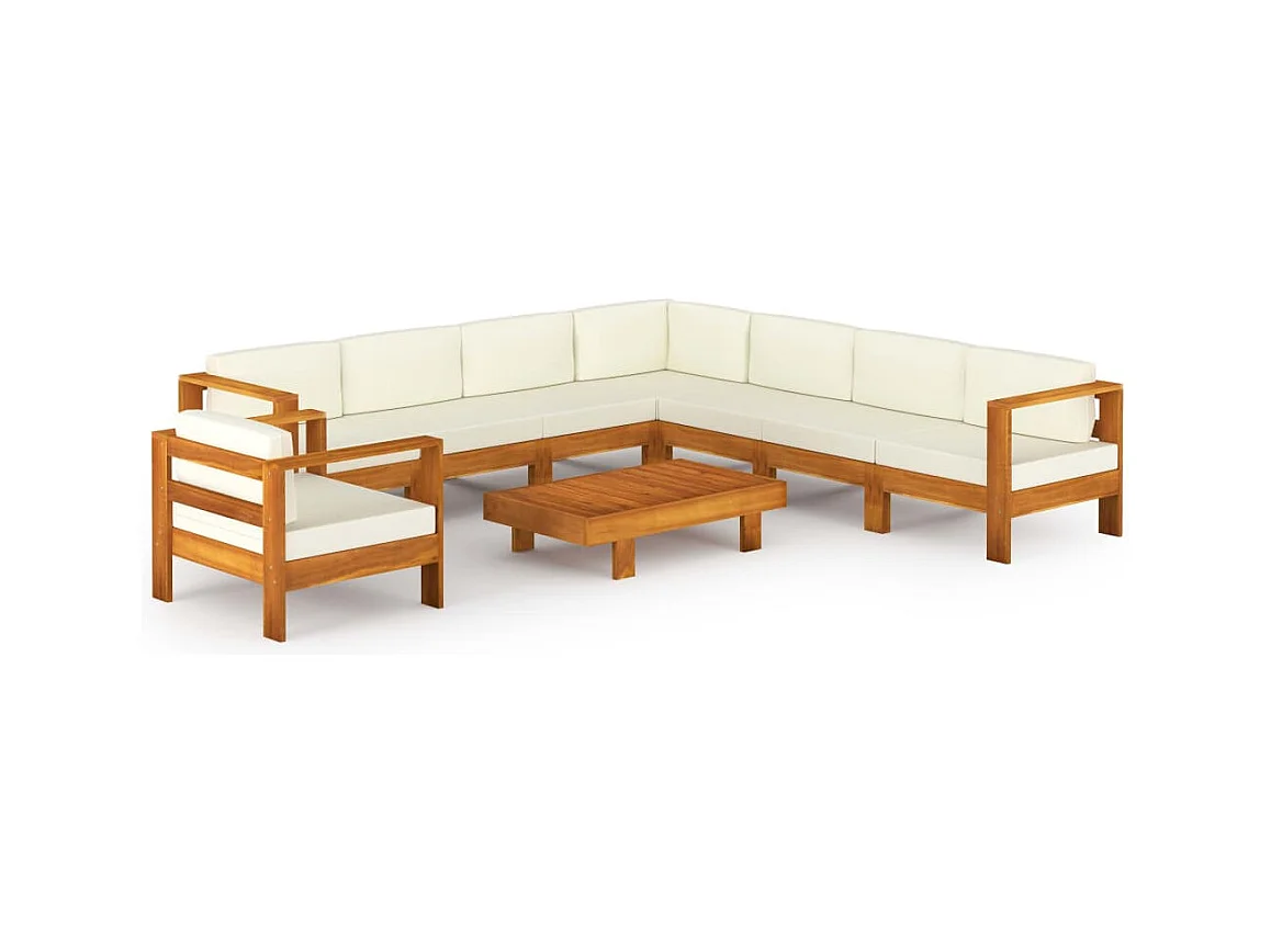 Salon de jardin 9 pcs avec coussins blanc crème Bois d'acacia