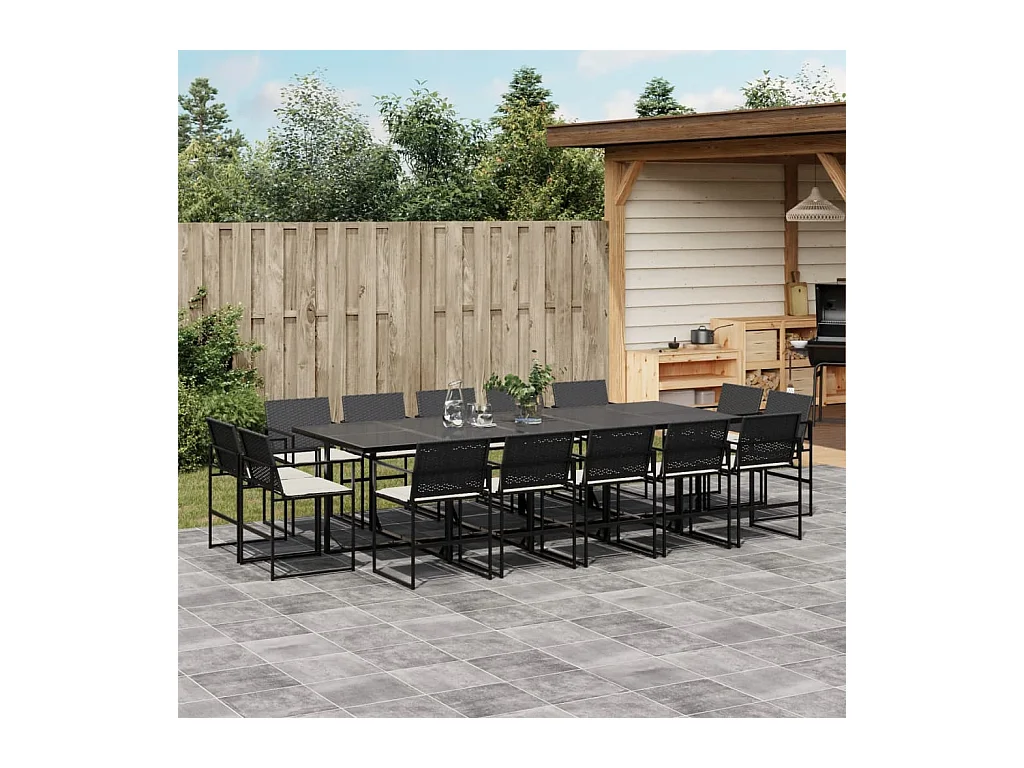 Ensemble à manger de jardin 15 pcs coussins noir résine tressée