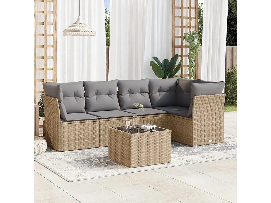 6-tlg. Garten-Sofagarnitur mit Kissen Beige Poly Rattan