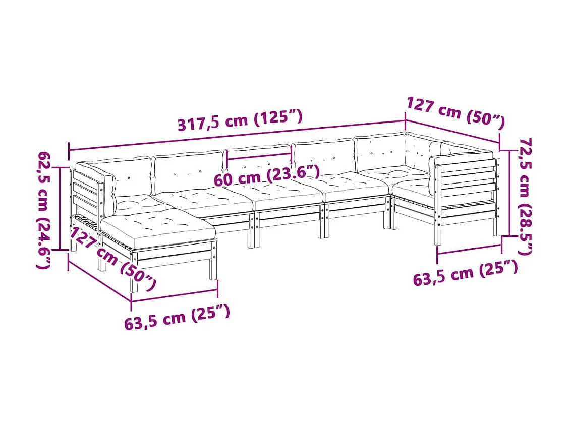 Set Divani Giardino 7 pz con Cuscini Marrone Cera Massello Pino