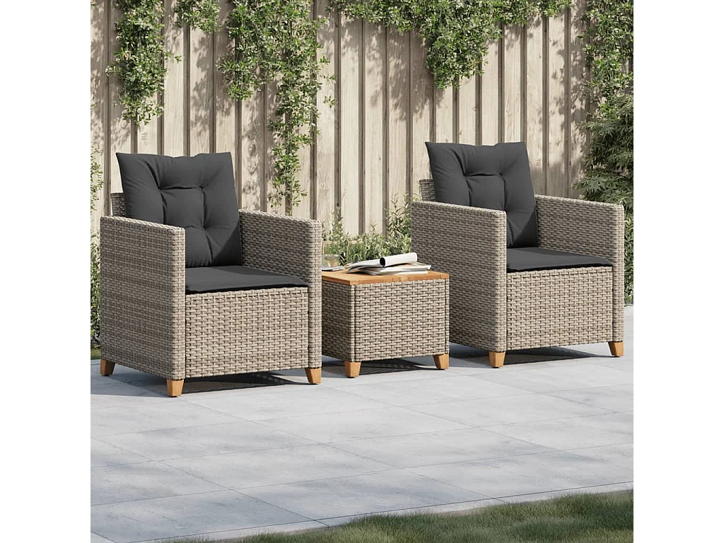 3-delige Bistroset met kussens poly rattan en acaciahout grijs