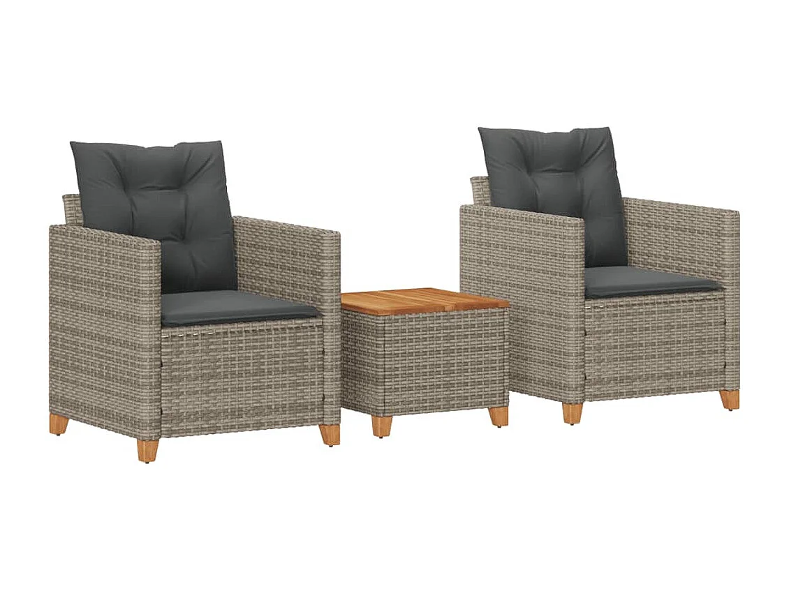 3-delige Bistroset met kussens poly rattan en acaciahout grijs