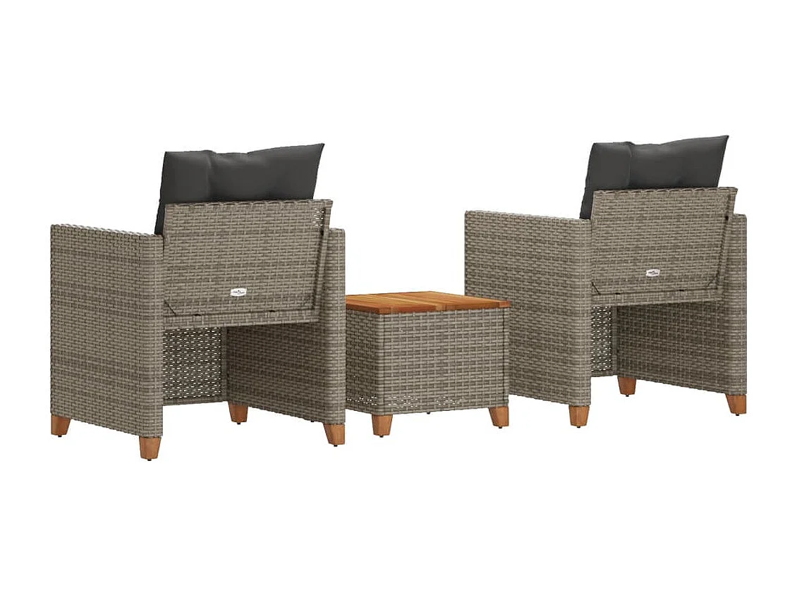 3-delige Bistroset met kussens poly rattan en acaciahout grijs