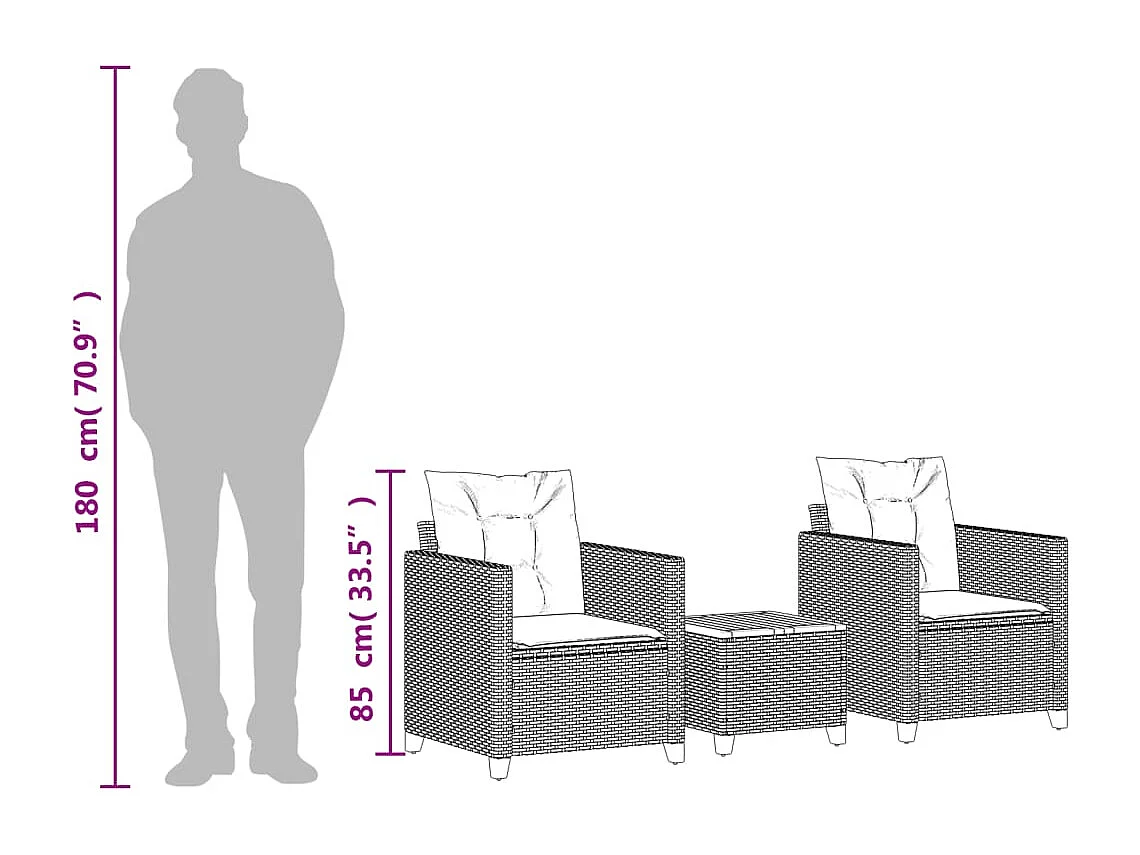 3-delige Bistroset met kussens poly rattan en acaciahout grijs