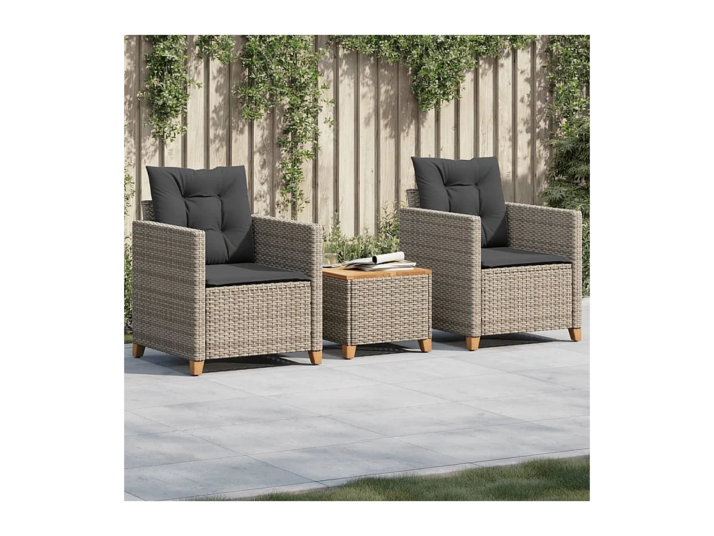 3-delige Bistroset met kussens poly rattan en acaciahout grijs