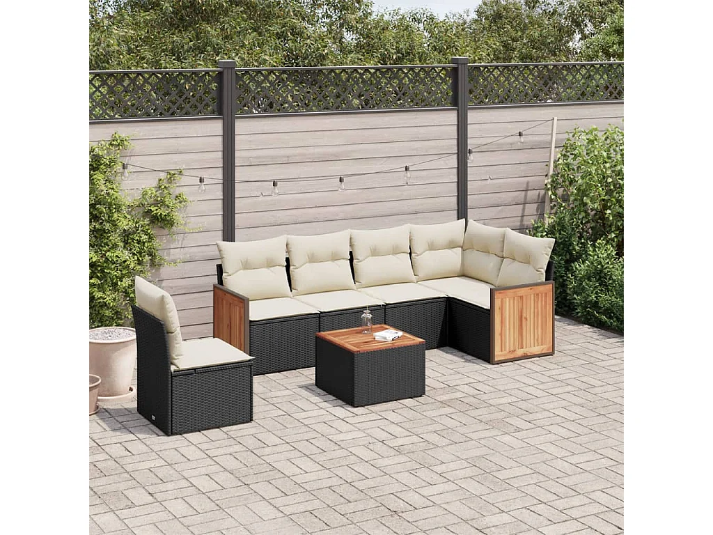 7 pcs conjunto de sofás p/ jardim c/ almofadões vime PE preto