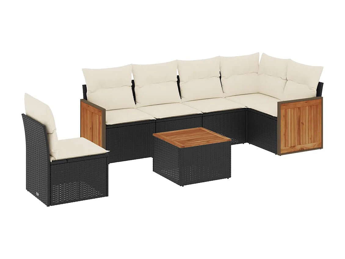 7 pcs conjunto de sofás p/ jardim c/ almofadões vime PE preto