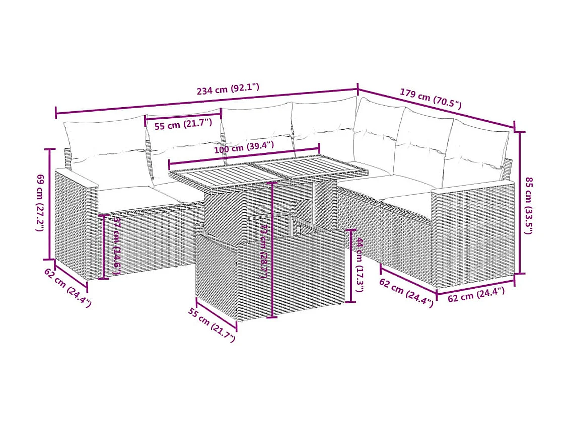 7 pcs conjunto de sofás p/ jardim c/ almofadões vime PE preto
