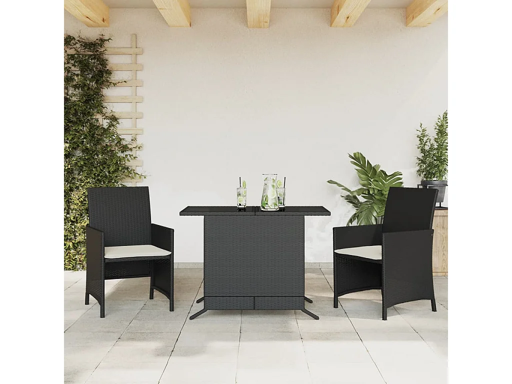 3-tlg. Bistro-Set mit Kissen Schwarz Poly Rattan