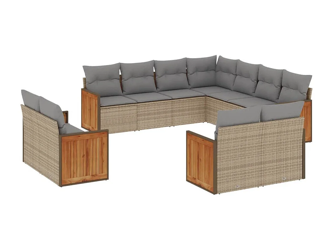 11-tlg. Garten-Sofagarnitur mit Kissen Beige Poly Rattan