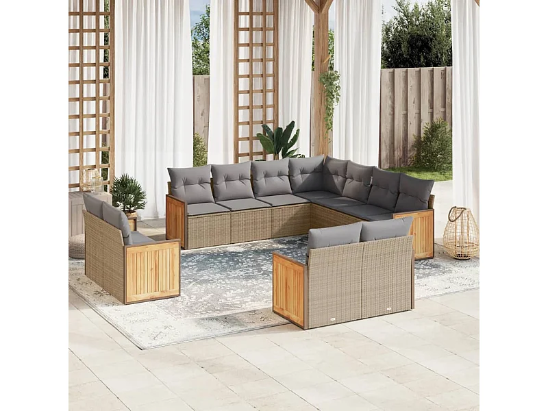 11-tlg. Garten-Sofagarnitur mit Kissen Beige Poly Rattan