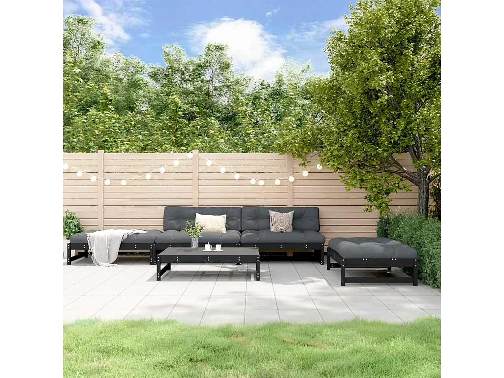 Salon de jardin 5 pcs noir bois massif de pin