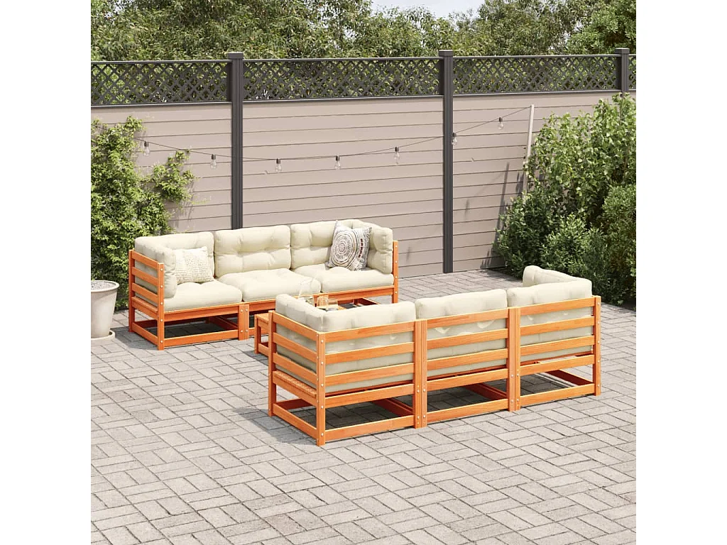 Set Divani Giardino 7 pz con Cuscini Marrone Cera Massello Pino