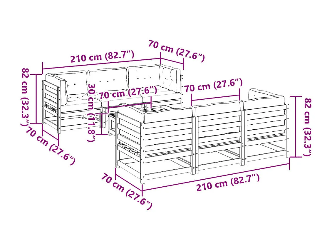 Set Divani Giardino 7 pz con Cuscini Marrone Cera Massello Pino