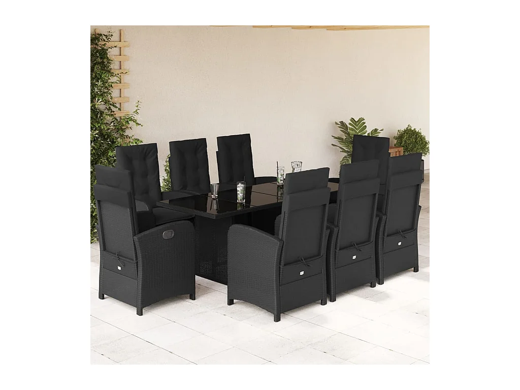 Set da Pranzo da Giardino 9 pz con Cuscini Nero in Polyrattan