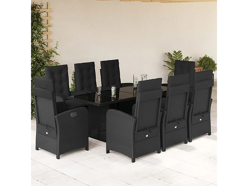 Ensemble à manger de jardin 9pcs coussins noir résine tressée