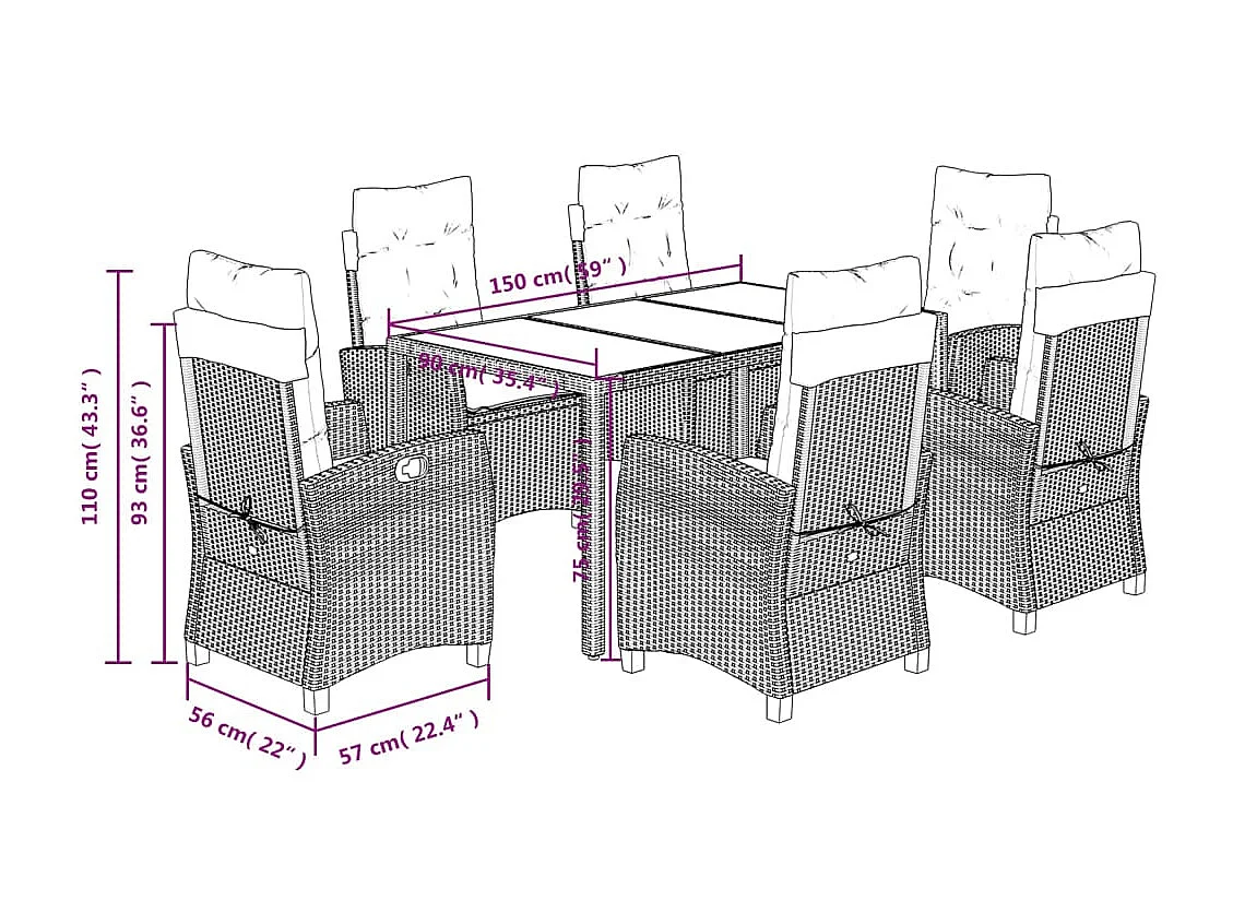 Ensemble à manger de jardin coussins 7pcs Noir Résine tressée