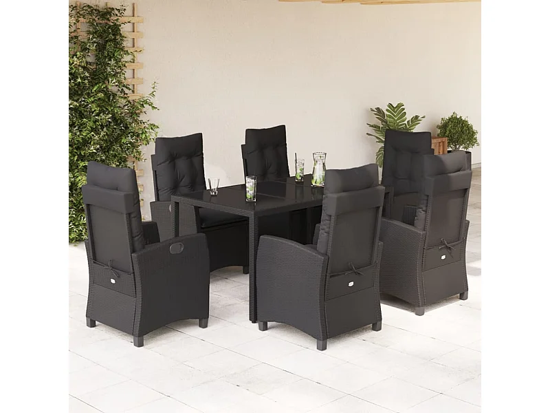 7-tlg. Garten-Essgruppe mit Kissen Schwarz Poly Rattan