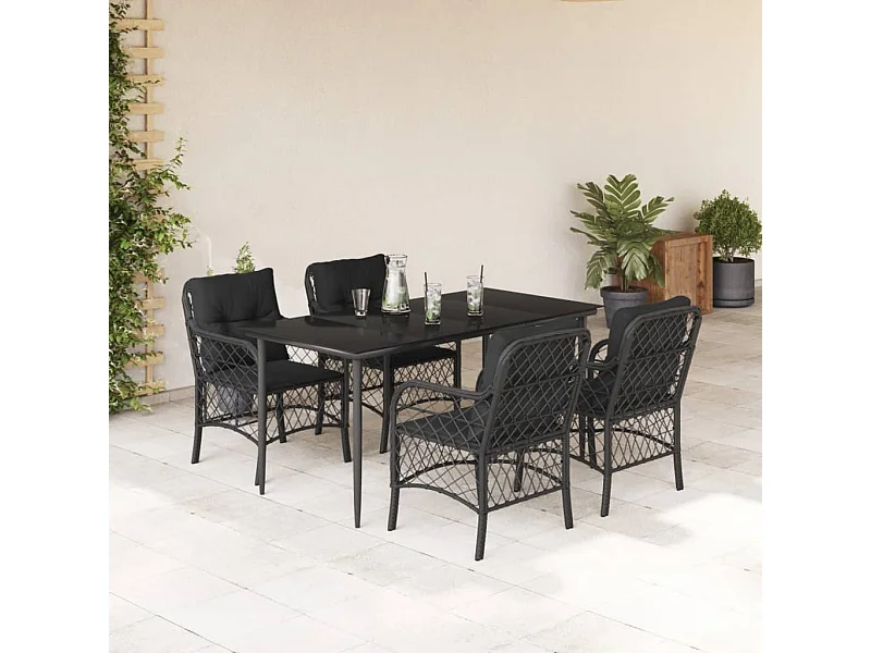 Set da Pranzo da Giardino 5 pz Nero con Cuscini in Polyrattan