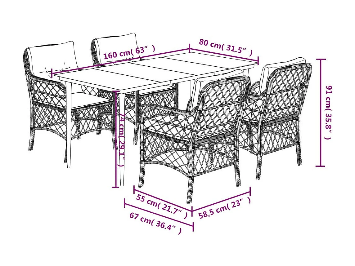 Ensemble à manger de jardin coussins 5pcs Noir Résine tressée