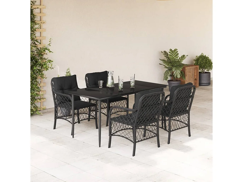 Ensemble à manger de jardin coussins 5pcs Noir Résine tressée