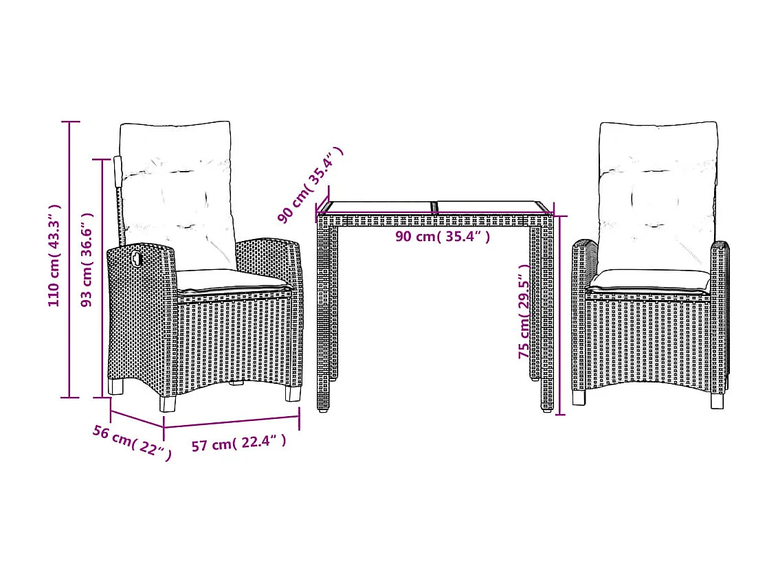 3-delige Tuinset met kussens poly rattan grijs