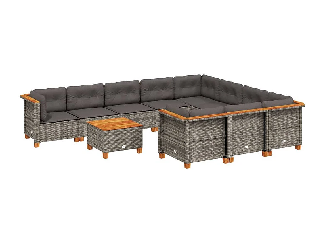 11-tlg. Garten-Sofagarnitur mit Kissen Grau Poly Rattan
