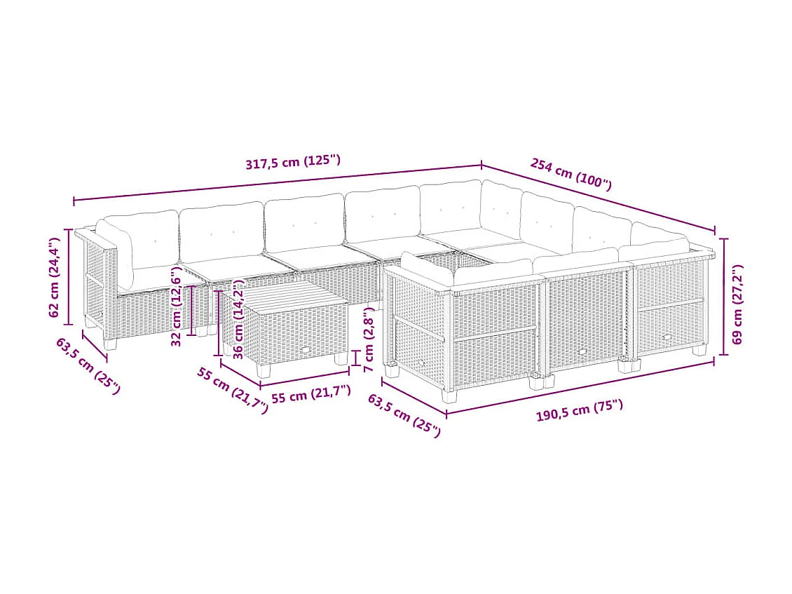 11-tlg. Garten-Sofagarnitur mit Kissen Grau Poly Rattan
