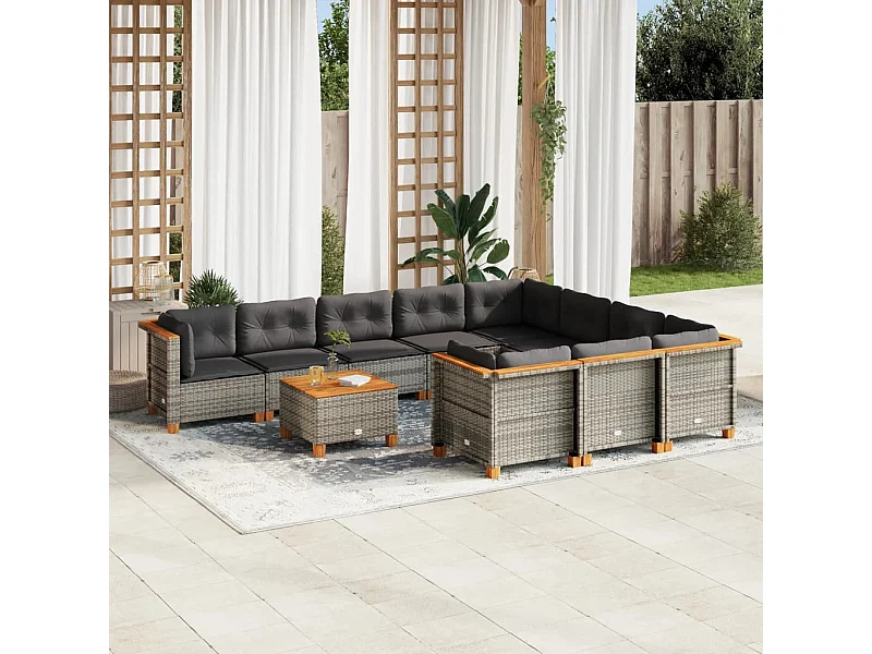 Salon de jardin 11 pcs avec coussins gris résine tressée