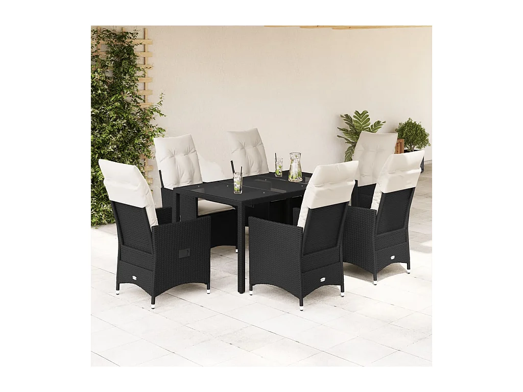 Ensemble à manger de jardin coussins 7pcs Noir Résine tressée