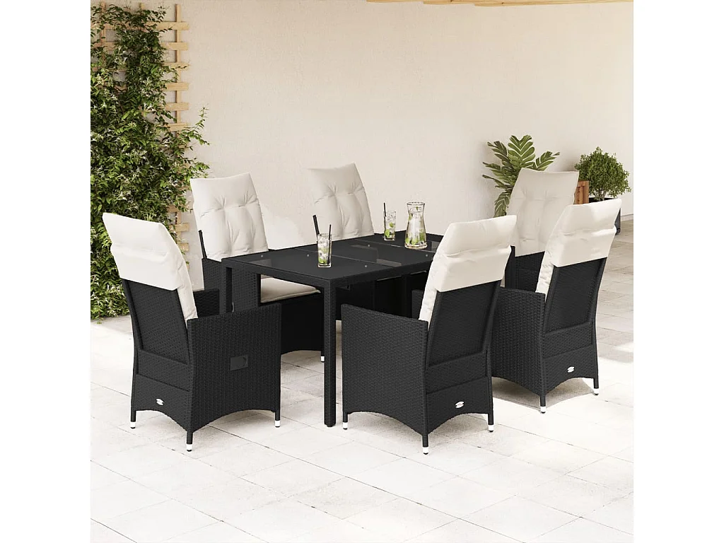 7 pcs conjunto de jantar p/ jardim c/ almofadões vime PE preto