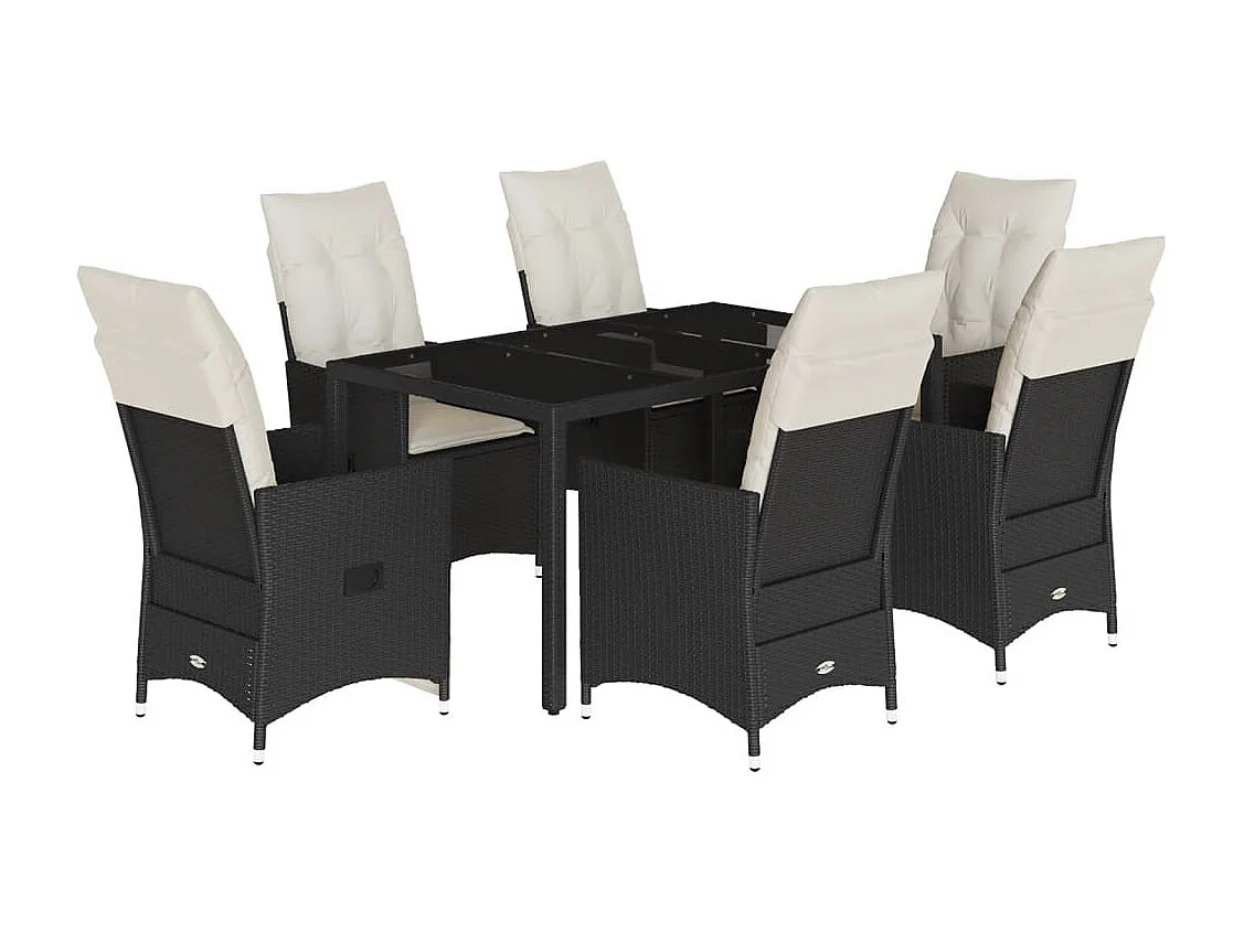 7 pcs conjunto de jantar p/ jardim c/ almofadões vime PE preto